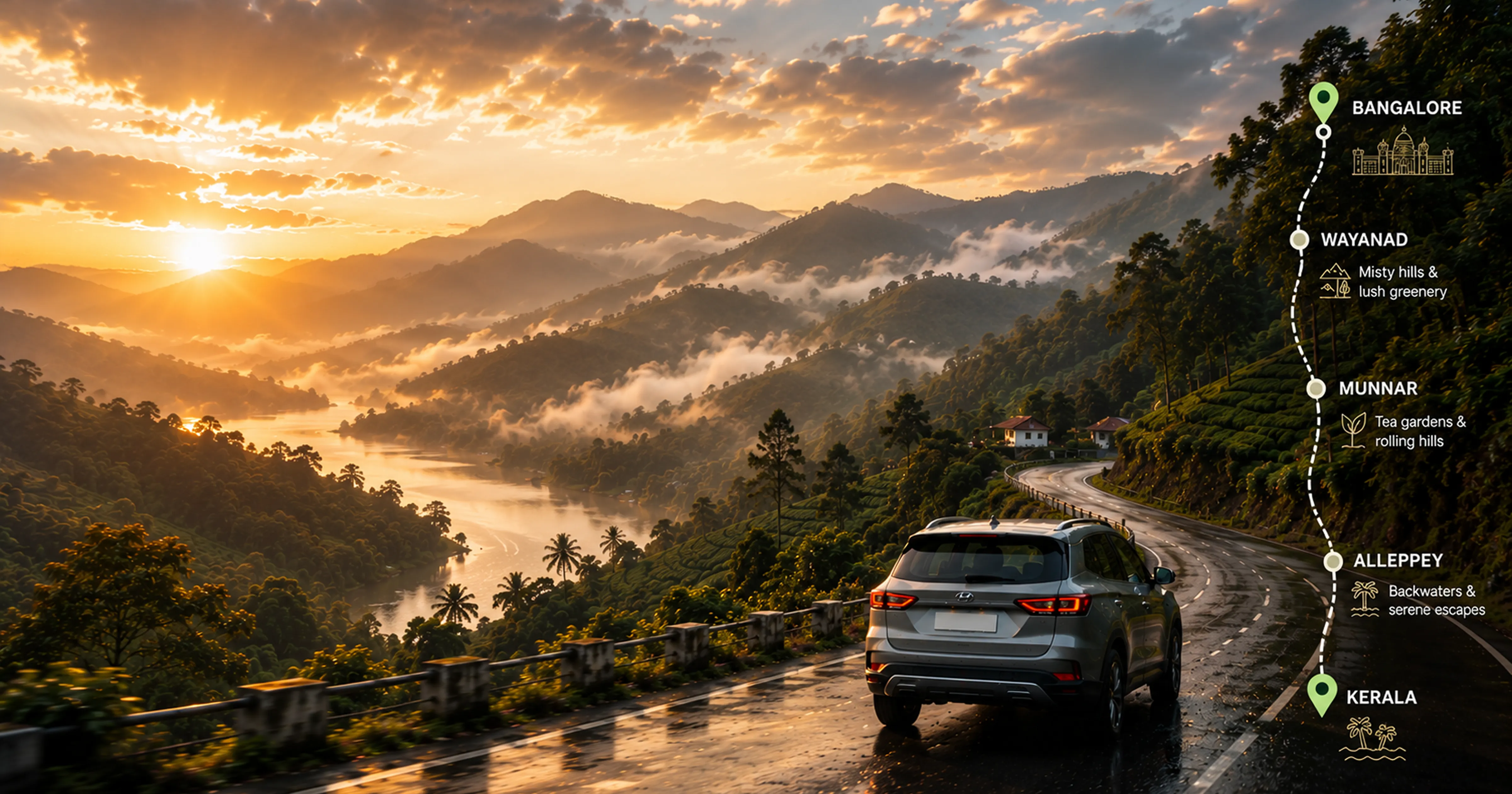 Bangalore to Wayanad Munnar Alleppey Kerala self drive route map MM Miles 2026 complete guide