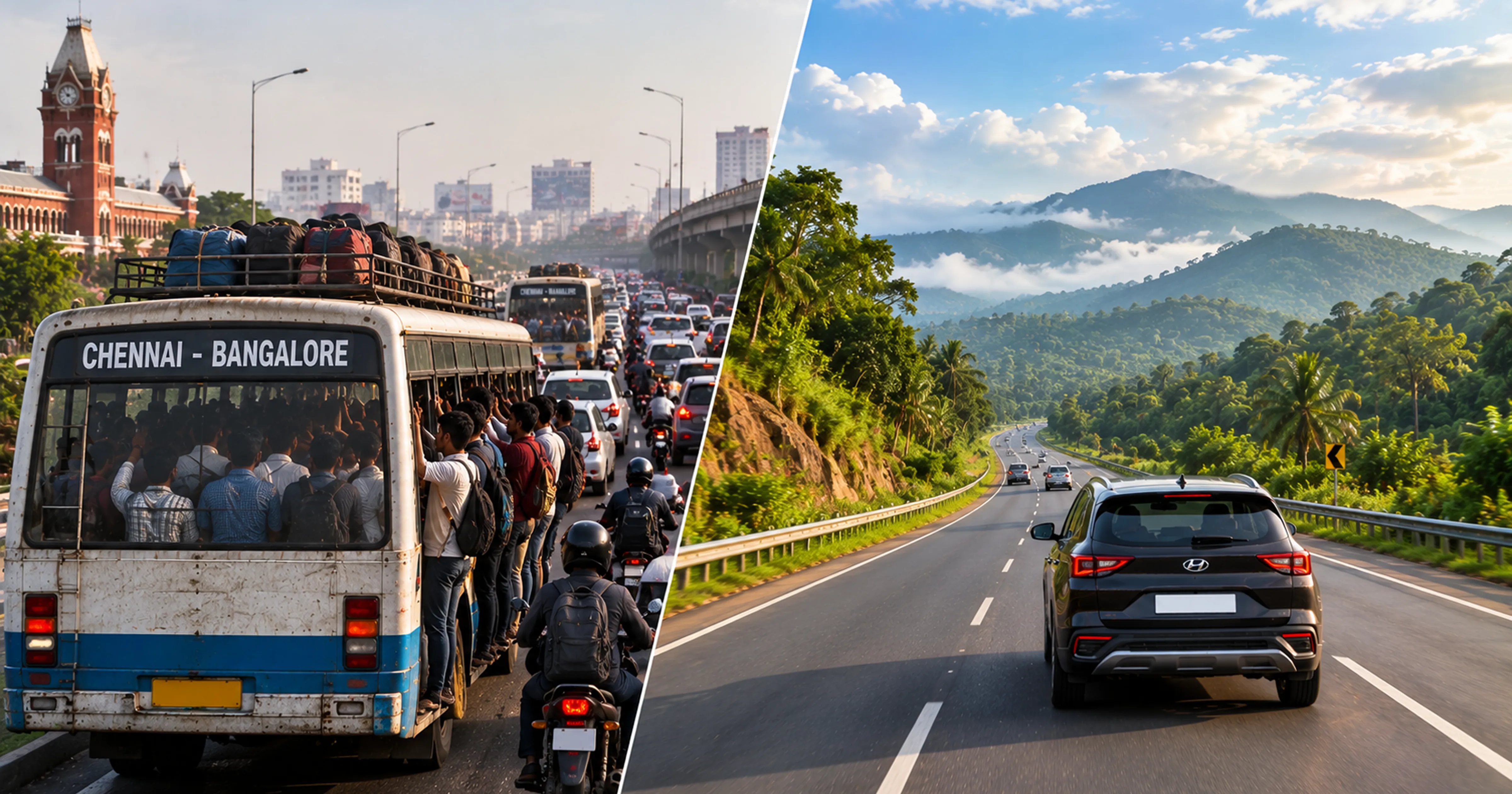 Chennai Bangalore city bus overcrowded 100 passengers 44 seats vs MM Miles self drive car rental 2026
