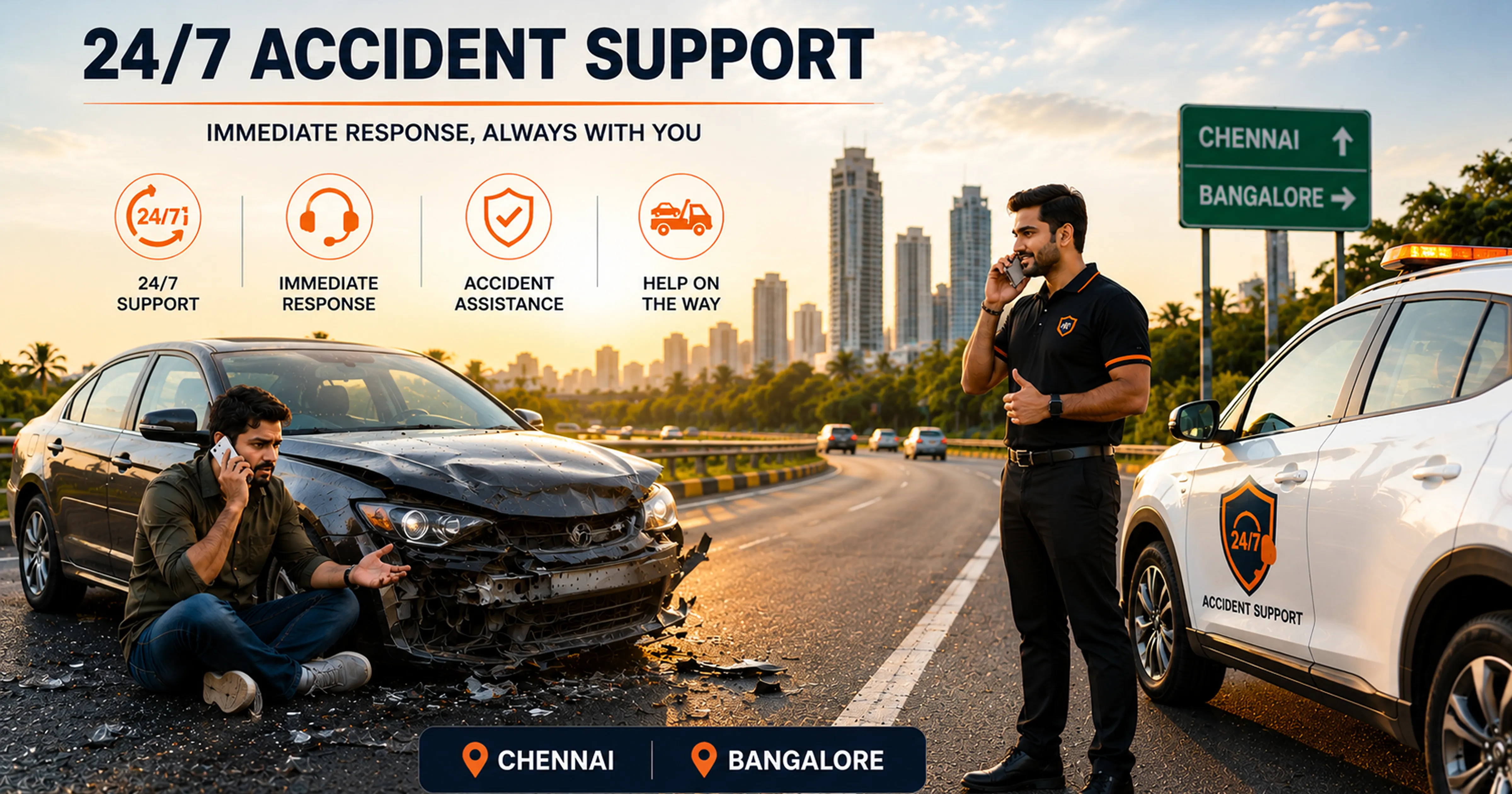 MM Miles 24/7 accident support immediate response Chennai Bangalore full coverage self drive