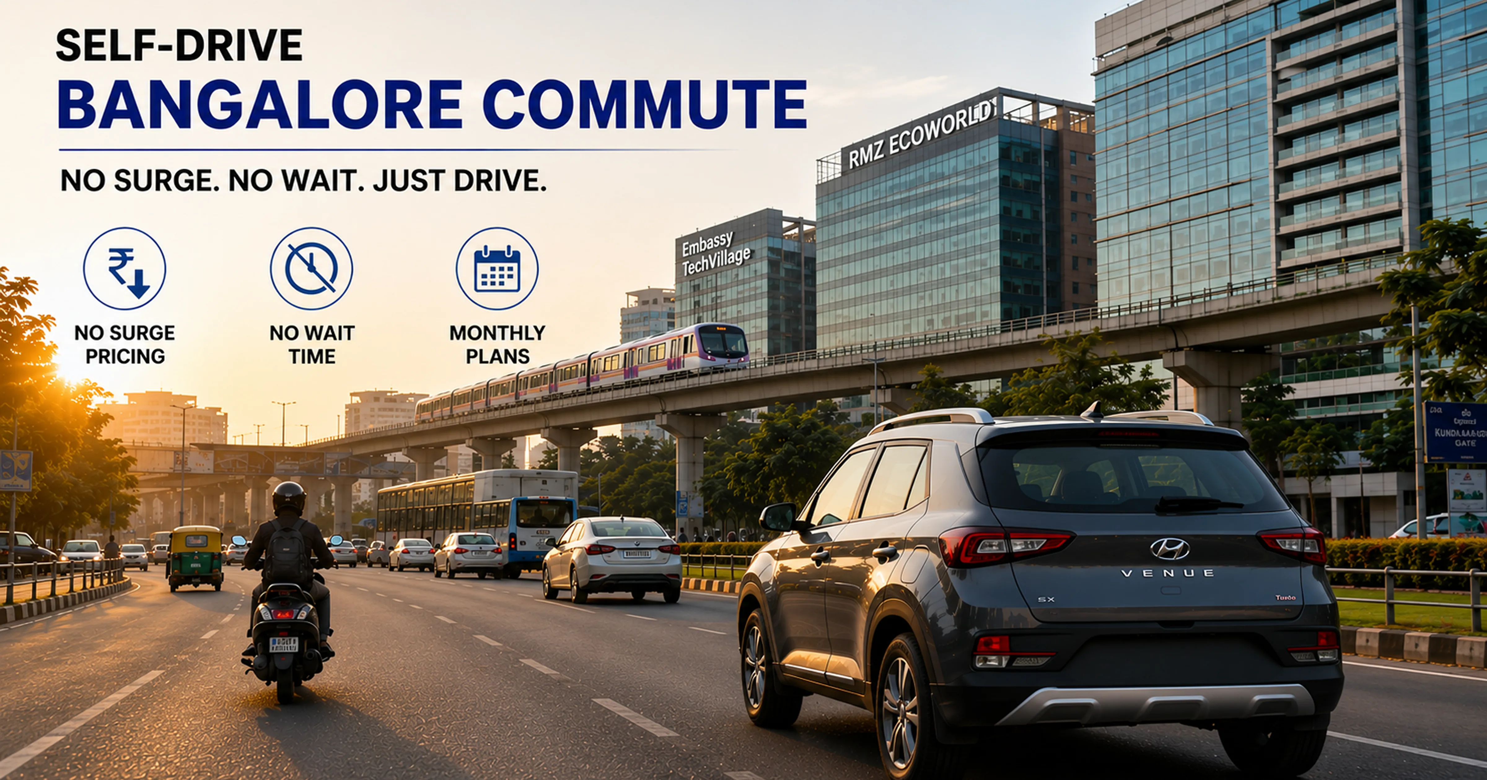 MM Miles self drive Bangalore commute no surge no wait monthly rental Whitefield Electronic City